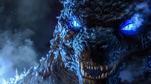 A close up of Godzilla's face, with glowing blue eyes and smoke rising from its nostrils