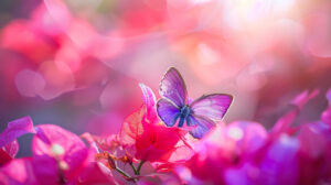 A close up of a delicate purple butterfly resting on a vibrant pink flower, with soft sunlight filtering through