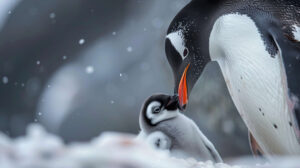 A close up of a penguin parent feeding its chick, with the snowy terrain softly blurred in the background