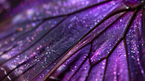 A close up of a purple butterfly's wing, showing detailed textures and iridescent colors
