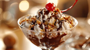 A close up of a sundae with chocolate sauce, crushed nuts, and a cherry on top, in a vintage glass dish