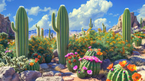 A collection of diverse cacti in a vivid desert setting surrounded by blossoming colorful flowers