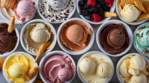 A collection of ice cream flavors in tubs with scoops removed topped with toppings and surrounded by cones presented from an aerial perspective