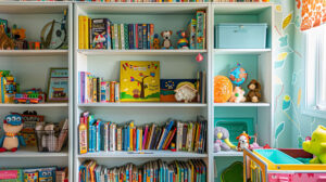 A colorful children's bookshelf with picture books, toys, and a whimsical design