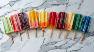 A colorful fan formation of ice cream popsicles on a white marble backdrop