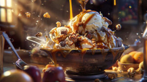 A colorful scene of ice cream being scooped into a bowl surrounded by tempting toppings like caramel sauce nuts and various fruits all ready to be added