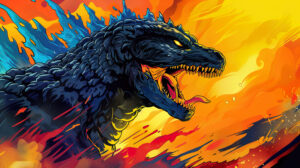 A comic book style illustration of Godzilla, with bold lines and vibrant, exaggerated colors