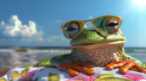 A cool frog cartoon relaxes on a beach towel sporting sunglasses and surrounded by a sunny beach scene in the wallpaper titled Sunny Beach Frog.jpg