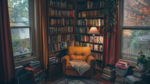 A corner bookshelf adorned with a variety of novels journals and a small reading lamp on one of its shelves makes for a cozy reading nook wallpaper