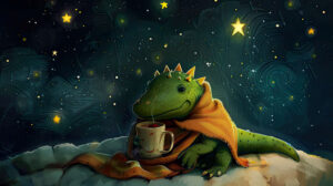 A cozy blanket wrapped small dinosaur enjoys hot cocoa under a star filled night sky in the wallpaper named Tiny Treasures