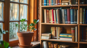 A cozy wooden bookshelf filled with books of various sizes and colors, with a small potted plant on top