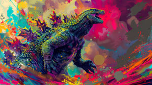 A creative interpretation of Godzilla featuring lively abstract designs and colors seamlessly merging with the backdrop in a jpg wallpaper