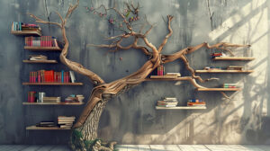 A creatively designed tree shaped bookshelf with book laden branches forming a striking artistic centerpiece