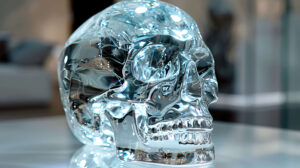 A crystal clear skull made of glass or ice, reflecting light and creating prismatic effects