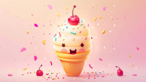 A cute cartoon ice cream character featuring a happy face sprinkles and a cherry on top placed against a vibrant backdrop in the wallpaper