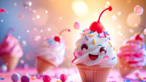 A cute, cartoon ice cream character with a smiling face, sprinkles, and a cherry on top, set against a bright background