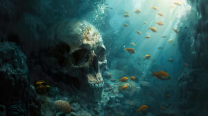 A deep underwater scene featuring a skull surrounded by swimming fish and illuminated by light filtering through the waters surface