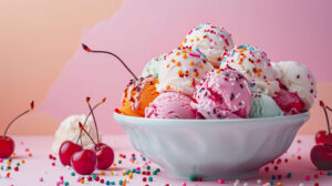 A delightful wallpaper featuring a bowl of vibrant ice cream scoops adorned with sprinkles cherries and whipped cream on a soft pastel backdrop