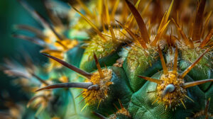 A detailed wallpaper showcasing a cactus up close with its sharp spines emphasized revealing intricate patterns and textures on its surface