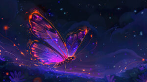 A digital art depiction of a purple butterfly with glowing neon outlines, set against a dark, starry sky