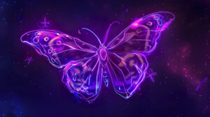 A digital wallpaper showcasing a radiant purple butterfly outlined in neon contrasted against a dark starry sky