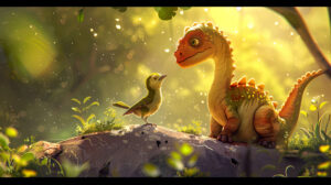 A dinosaur and its best friend, a small bird, sharing a moment on a sunny rock, with smiles all around