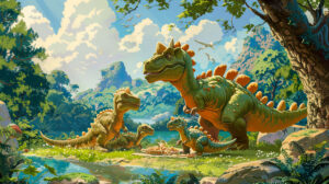 A dinosaur family, with parents and baby dinosaurs, enjoying a picnic in a prehistoric park