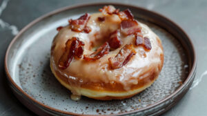 A donut adorned with bacon bits and maple glaze elegantly served on a chic ceramic plate. Its a mouthwatering wallpaper concept