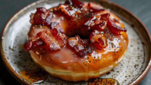 A donut topped with bacon pieces and maple glaze, placed on a trendy ceramic plate