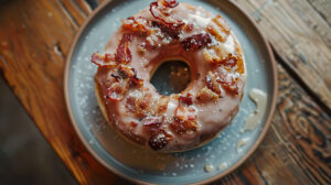 A donut with bacon pieces and maple glaze on a stylish ceramic plate ready for download as a wallpaper