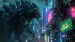 A dynamic wallpaper featuring Godzilla dominating a futuristic cityscape aglow with neon lights and holographic billboards
