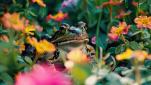 A frog camouflaged among vibrant flowers in a lush garden setting in the file named frog amid colorful flowers.jpg