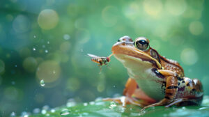 A frog catches a fly using its tongue set against a lively green backdrop
