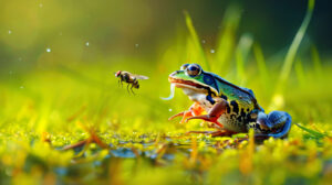 A frog catching a fly with its tongue, set against a vibrant green background