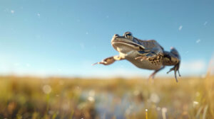 A frog caught mid leap against a backdrop of a clear blue sky and a grassy field in a wallpaper titled Leap of Nature.jpg