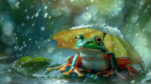 A frog holding an umbrella made from a leaf, sheltering itself from the rain in a whimsical scene
