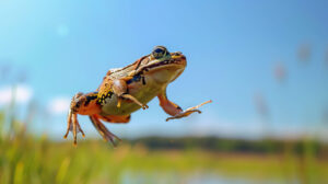 A frog mid leap, captured in action, with a clear blue sky and grassy field in the background