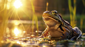 A frog model authentically detailed skin perched by a pond at sunset under a warm golden light wallpaper