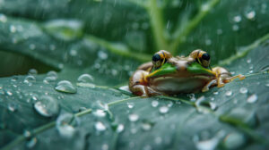 A frog peeks out from behind a big dewy leaf wearing a curious expression in the wallpaper titled Frog Behind Leaf.jpg