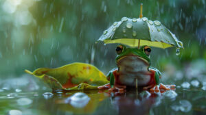 A frog sheltering from the rain under a leaf umbrella in a whimsical setting can be seen in the wallpaper named Whimsical Frog Umbrella Rain.jpg