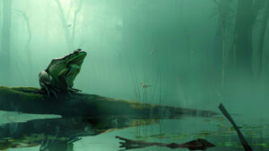 A frog sitting on a log in a misty swamp, with soft light and mysterious atmosphere