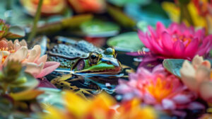 A frog surrounded by colorful flowers, blending into the lush garden scenery