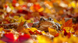 A frog surrounded by fallen autumn leaves, creating a colorful, seasonal setting