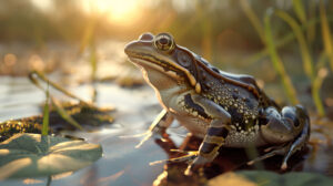 A frog with lifelike details on its skin perched beside a tranquil pond basking in the warm glow of sunset with golden hues