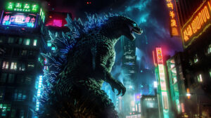 A futuristic cityscape showcasing Godzilla standing tall bathed in neon lights and surrounded by holographic billboards. Wallpaper titled Cityscape with Godzilla