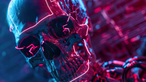 A futuristic skull with glowing neon lines and circuits, resembling a cyberpunk aesthetic