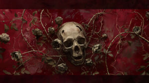 A gothic skull is encircled by dark roses and thorny vines on a deep crimson backdrop in the wallpaper titled Skull and Roses