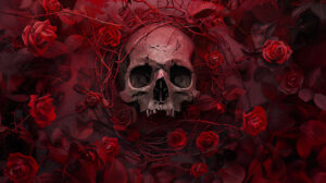 A gothic themed wallpaper featuring a skull dark roses and thorny vines against a deep crimson backdrop