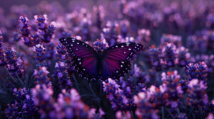 A graceful purple butterfly gracefully melds with the lavender backdrop in this serene wallpaper