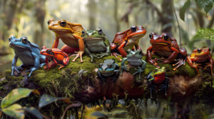 A group of colorful frogs of different species, all gathered on a mossy log in a dense forest